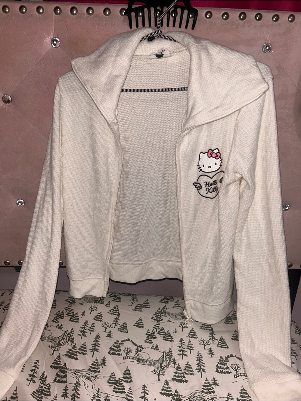 Hello Kitty Cream Knit Hooded Zip Jacket with Embroidery
